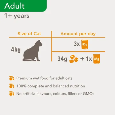 Fodringsvejledning for voksen kat 4 kg: dagligt 3×85 g vådfoder eller 34 g tørfoder + 1×85 g vådfoder. Tekst: Premium wet food for adult cats, 100% complete and balanced nutrition, No artificial flavours, colours, fillers or GMOs.