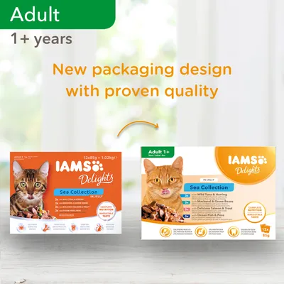 IAMS Delights Sea Collection Adult 1+ år, nyt emballagedesign med teksten 'New packaging design with proven quality', to pakker kattemad vises med smagene tun, sild, makrel, laks, ørred.
