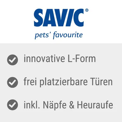 Savic. Innovative L-Form, frei platzierbare Türen, inkl. Näpfe & Heuraufe.