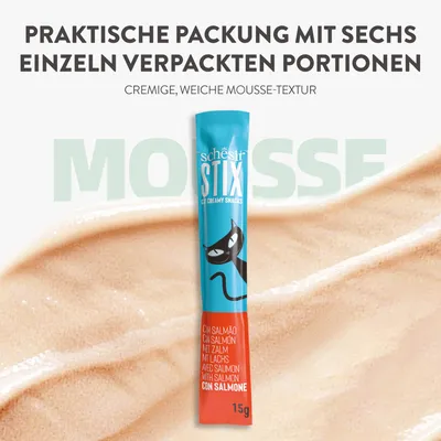 Schesir Stix Cat Creamy Snacks mit Lachs, praktische Packung mit sechs einzeln verpackten Portionen, cremige, weiche Mousse-Textur, 15g.