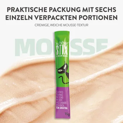 Schesir Stix Cat Creamy Snacks mit Ente, praktische Packung mit sechs einzeln verpackten Portionen, cremige, weiche Mousse-Textur, 15g pro Portion.