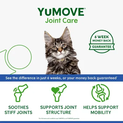 YuMOVE Joint Care. 6 week money back guarantee. See the difference in just 6 weeks, or your money back guaranteed. Soothes stiff joints. Supports joint structure. Helps support mobility.