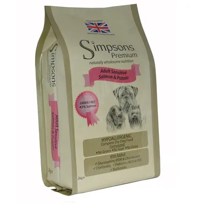 Simpsons Premium Adult Sensitive Salmon & Potato, bezzbożowa karma dla psów, 45% łososia, hipoalergiczna, bez soi i nabiału, opakowanie 2 kg