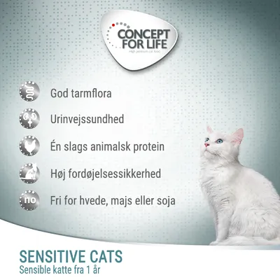 CONCEPT FOR LIFE. God tarmflora, urinvejssundhed, én slags animalsk protein, høj fordøjelsessikkerhed, fri for hvede, majs eller soja. SENSITIVE CATS, Sensible katte fra 1 år.