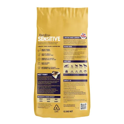 Burgess Sensitive food bag showing benefits for digestion, feeding guide for adult dogs by weight, recipe excludes wheat, maize, beef, soya, eggs, dairy. 12.5kg net weight.