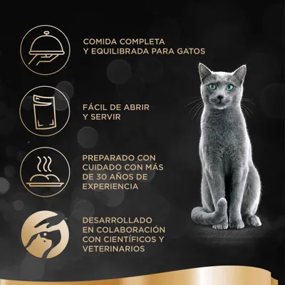 Comida completa y equilibrada para gatos, fácil de abrir y servir, preparada con más de 30 años de experiencia y desarrollada en colaboración con científicos y veterinarios.