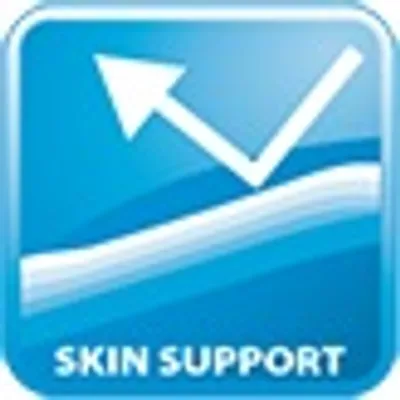 SKIN SUPPORT, λευκό βέλος πάνω από κυματιστή γραμμή σε μπλε φόντο. Το κείμενο είναι στα αγγλικά.