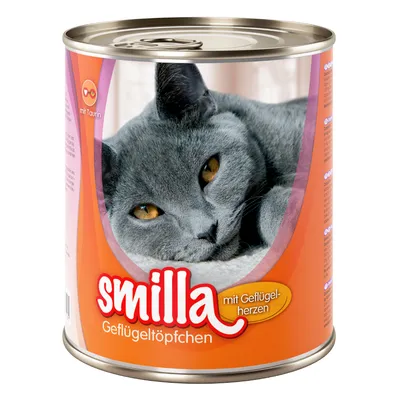 Burk med kattmat, varumärke smilla. Text på burken: Geflügeltöpfchen, mit Geflügelherzen, mit Taurin. Bild på grå katt på etiketten.