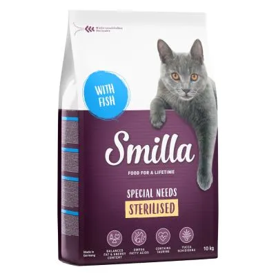 Sac de croquettes Smilla Special Needs Sterilised, 10 kg, avec poisson. Mentions visibles : balances fat & energy content, omega fatty acids, contains taurine, made in Germany.