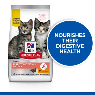 Hill's Science Plan Perfect Digestion Kitten <1, suha hrana za mačiće s piletinom i smeđom rižom. Tekst na engleskom: Nourishes their digestive health.
