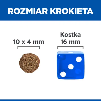 Rozmiar krokieta: 10 x 4 mm, porównanie z kostką do gry 16 mm. Widoczne napisy: 'ROZMIAR KROKIETA', 'Kostka 16 mm'.