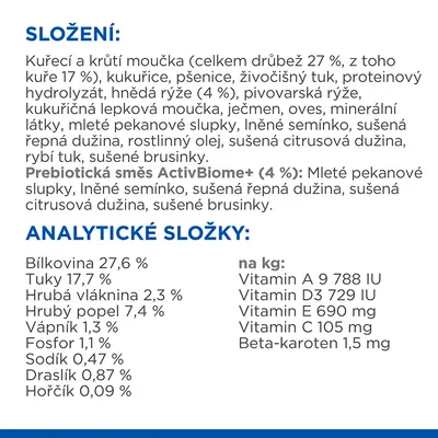 Složení: kuřecí a krůtí moučka, kukuřice, pšenice, živočišný tuk, proteinový hydrolyzát, hnědá rýže, pivovarská rýže, ječmen, oves, minerální látky. Analytické složky: bílkovina 27,6 %, tuky 17,7 %.