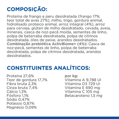 Composição: proteína de frango e peru desidratada, milho, trigo, gordura animal, arroz integral, minerais, sementes de linhaça, óleo de peixe. Proteína 27,6 %, gordura 17,7 %, fibra 2,3 %.