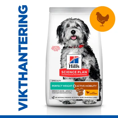 Hill's Science Plan hundfoder, Perfect Weight & Active Mobility, för vuxna hundar 11–25 kg. Med kyckling. Text: VIKTHANTERING till vänster. Bild på hund på förpackningen.