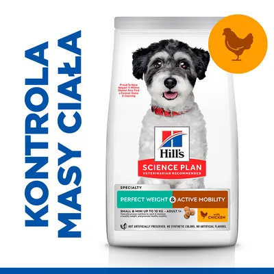 Hill's Science Plan Perfect Weight & Active Mobility z kurczakiem, karma dla psów małych ras do 10 kg. Napis: KONTROLA MASY CIAŁA. Widoczny symbol kurczaka.