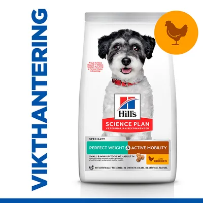 Hill's Science Plan hundfoder, Perfect Weight & Active Mobility, med kyckling. Text: ViktHantering, Small & Mini upp till 10 kg, Adult 1+, ej konstgjorda färger eller smaker.