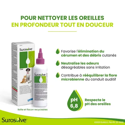 Surosolve 125 ml, solution pour oreilles animaux. Texte visible : favorise l’élimination du cérumen, neutralise les odeurs, rééquilibre la flore microbienne, pH 6,8, boîte et flacon recyclables.