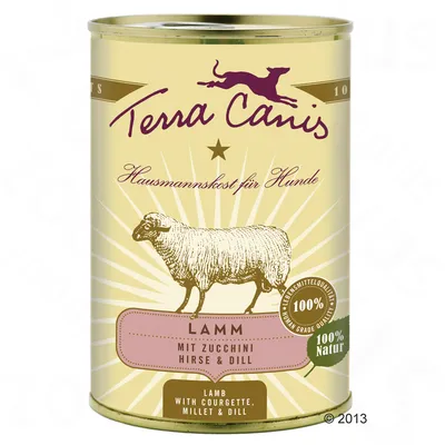 Blik Terra Canis huismanskost voor honden, lamsvlees met courgette, gierst en dille. Tekst: 100% Lebensmittelqualität, 100% Natur. Beeld van een schaap op het etiket.