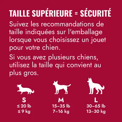 Tableau des tailles pour jouets pour chien : S jusqu'à 9 kg, M 7–16 kg, L 13–30 kg. Recommandation : choisir une taille plus grande et, en cas de plusieurs chiens, utiliser la taille adaptée au plus grand chien.