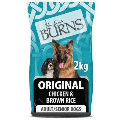 2kg bag labelled Original Chicken & Brown Rice for adult and senior dogs.
