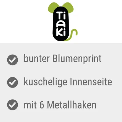 Tiaki. Bunter Blumenprint, kuschelige Innenseite, mit 6 Metallhaken.