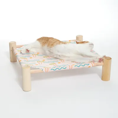 Katzenbett mit Holzrahmen und bunter Stoffliegefläche, darauf eine gestreckte Katze liegend.