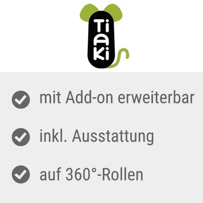 Tiaki. Extensibil cu add-on, include echipament, pe roți pivotante 360°.