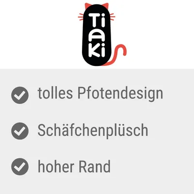 Tiaki-Logo mit Text: tolles Pfotendesign, Schäfchenplüsch, hoher Rand.