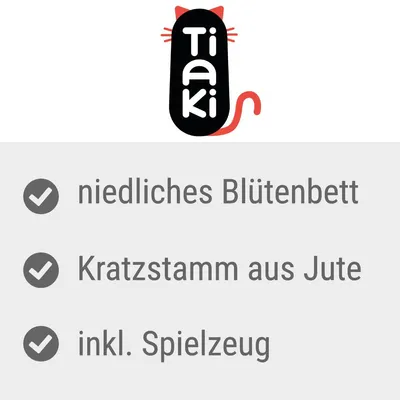 Tiaki. Niedliches Blütenbett, Kratzstamm aus Jute, inkl. Spielzeug.