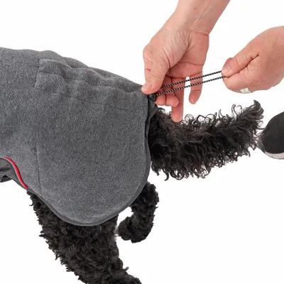 Hand zieht elastisches Band an einem grauen Hundemantel fest, angepasst für optimale Passform.