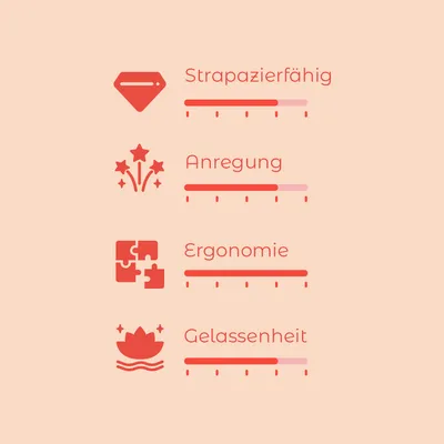 Bewertungsskala mit vier Kriterien: Strapazierfähigkeit, Anregung, Ergonomie und Gelassenheit. Skala von 1-5 für jedes Kriterium sichtbar.