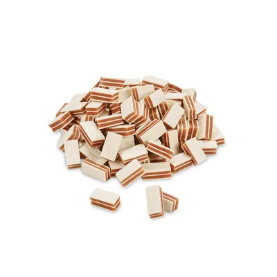 Pile of rectangular, striped snacks with white and brown layers. Visible texture of the treat pieces.