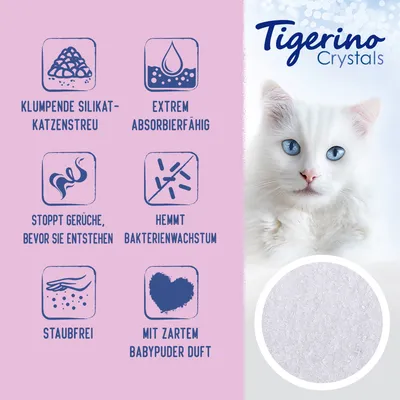 Tigerino Crystals Katzenstreu: klumpend, extrem absorbierfähig, stoppt Gerüche bevor sie entstehen, hemmt Bakterienwachstum, staubfrei, mit zartem Babypuder Duft.