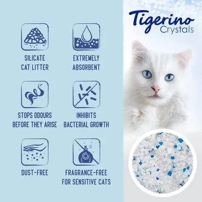 Tigerino Crystals silicate cat litter, extremely absorbent, stops odours before they arise, inhibits bacterial growth, dust-free, fragrance-free for sensitive cats. Image shows white and blue crystals.