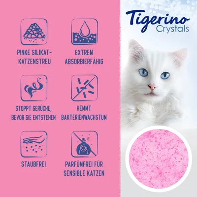 Tigerino Crystals. Pinke Silikat-Katzenstreu, extrem absorbierfähig, stoppt Gerüche bevor sie entstehen, hemmt Bakterienwachstum, staubfrei, parfümfrei für sensible Katzen.