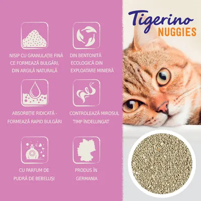 Tigerino Nuggies. Nisip cu granulație fină, formează bulgări, din bentonită ecologică, absorbție ridicată, controlează mirosul, parfum pudră de bebeluși, produs în Germania.
