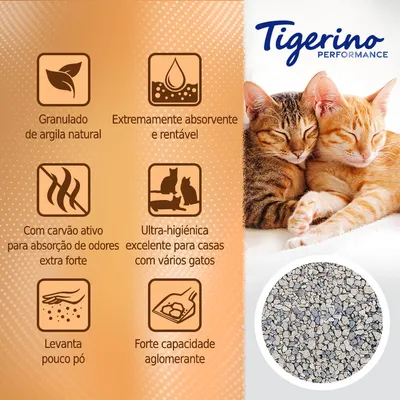 Tigerino Performance. Granulado de argila natural, extremamente absorvente e rentável, com carvão ativo, ultra-higiénica, levanta pouco pó, forte capacidade aglomerante.