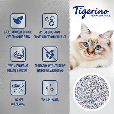 Tigerino Performance. Argile naturelle blanche avec des grains bleus, système Blue Signal, effet agglomérant immédiat, protection antibactérienne Aromaguard, très peu poussiéreuse, senteur fraîche.