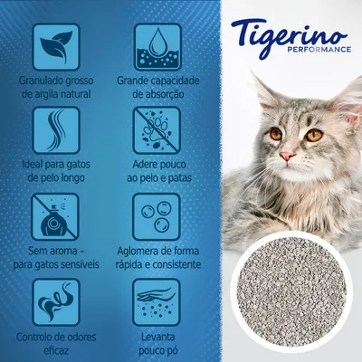 Tigerino Performance. Granulado grosso de argila natural, grande capacidade de absorção, ideal para gatos de pelo longo, sem aroma, controlo de odores eficaz, levanta pouco pó.