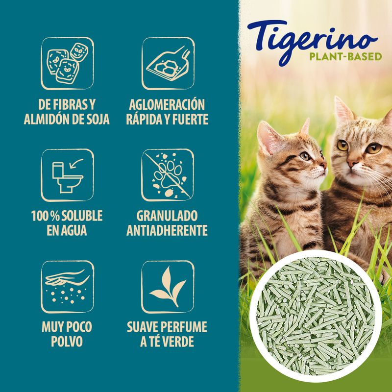 Tigerino Plant-Based. De fibras y almidón de soja, aglomeración rápida y fuerte, 100 % soluble en agua, granulado antiadherente, muy poco polvo, suave perfume a té verde.