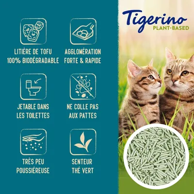 Tigerino Plant-Based. Litière de tofu 100% biodégradable, agglomération forte et rapide, jetable dans les toilettes, ne colle pas aux pattes, très peu poussiéreuse, senteur thé vert.