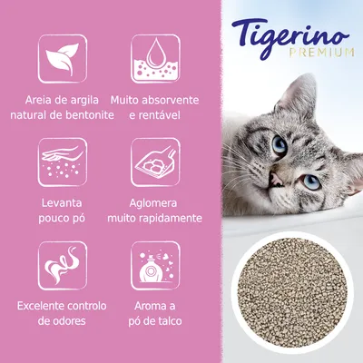 Tigerino Premium. Areia de argila natural de bentonite, muito absorvente e rentável, levanta pouco pó, aglomera rapidamente, excelente controlo de odores, aroma a pó de talco.