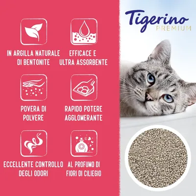 Tigerino Premium. In argilla naturale di bentonite, efficace e ultra assorbente, povera di polvere, rapido potere agglomerante, eccellente controllo degli odori, al profumo di fiori di ciliegio.