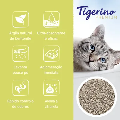 Tigerino Premium. Argila natural de bentonite, ultra-absorvente e eficaz, levanta pouco pó, aglomeração imediata, rápido controlo de odores, aroma a citronela. Granulado visível.