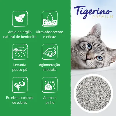 Tigerino Premium. Areia de argila natural de bentonite, ultra-absorvente e eficaz, levanta pouco pó, aglomeração imediata, excelente controlo de odores, aroma a pinho.