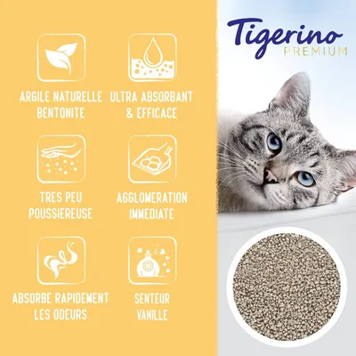 Tigerino Premium, argile naturelle bentonite, ultra absorbant & efficace, très peu poussiéreuse, agglomération immédiate, absorbe rapidement les odeurs, senteur vanille. Photo d’un chat et litière.
