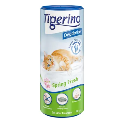 Tigerino Deodoriser Spring Fresh kissanhiekan raikastaja, 700 g. Aroma Control Formula. Vähentää epämiellyttäviä hajuja, tehostaa paakkuuntumista, raikastaa kissanhiekan.