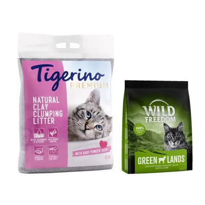 Lot découverte : 2 x 12 kg Litière Tigerino Premium senteur talc + 400 g Croquettes Wild Freedom