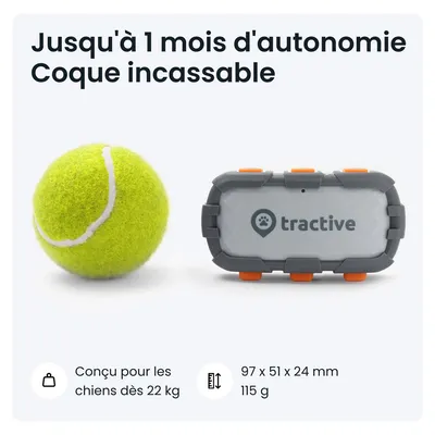 Traceur tractive à côté d'une balle de tennis, texte : Jusqu'à 1 mois d'autonomie, Coque incassable, conçu pour chiens dès 22 kg, 97 x 51 x 24 mm, 115 g.