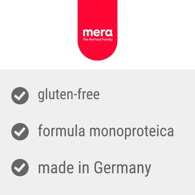 mera The Petfood Family. gluten-free, formula monoproteica, made in Germany. Testo in inglese e italiano visibile nell'immagine.